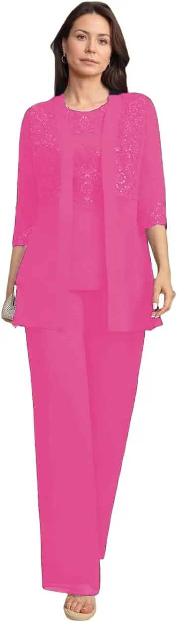 Mother of The Bride Dresses for Wedding 3 Pieces Laces Sequin Mother of The Groom Pant Suits with Jackets Hot Pink