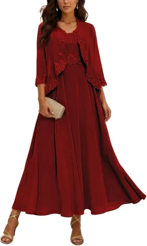 Mother of The Bride Dresses with Jackets Tea Length Chiffon Dresses for Women A-Line 3/4 Sleeve Evening Gown