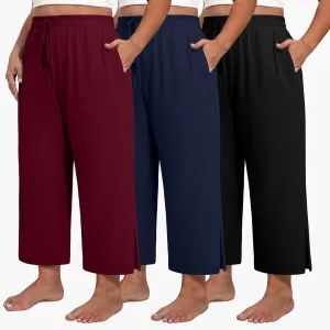 Neer 3 Pack Women's Plus Size Capris, Drawstring Cropped Wide Leg Pants Lounge Athletic Yoga Sweatpant with Pocket