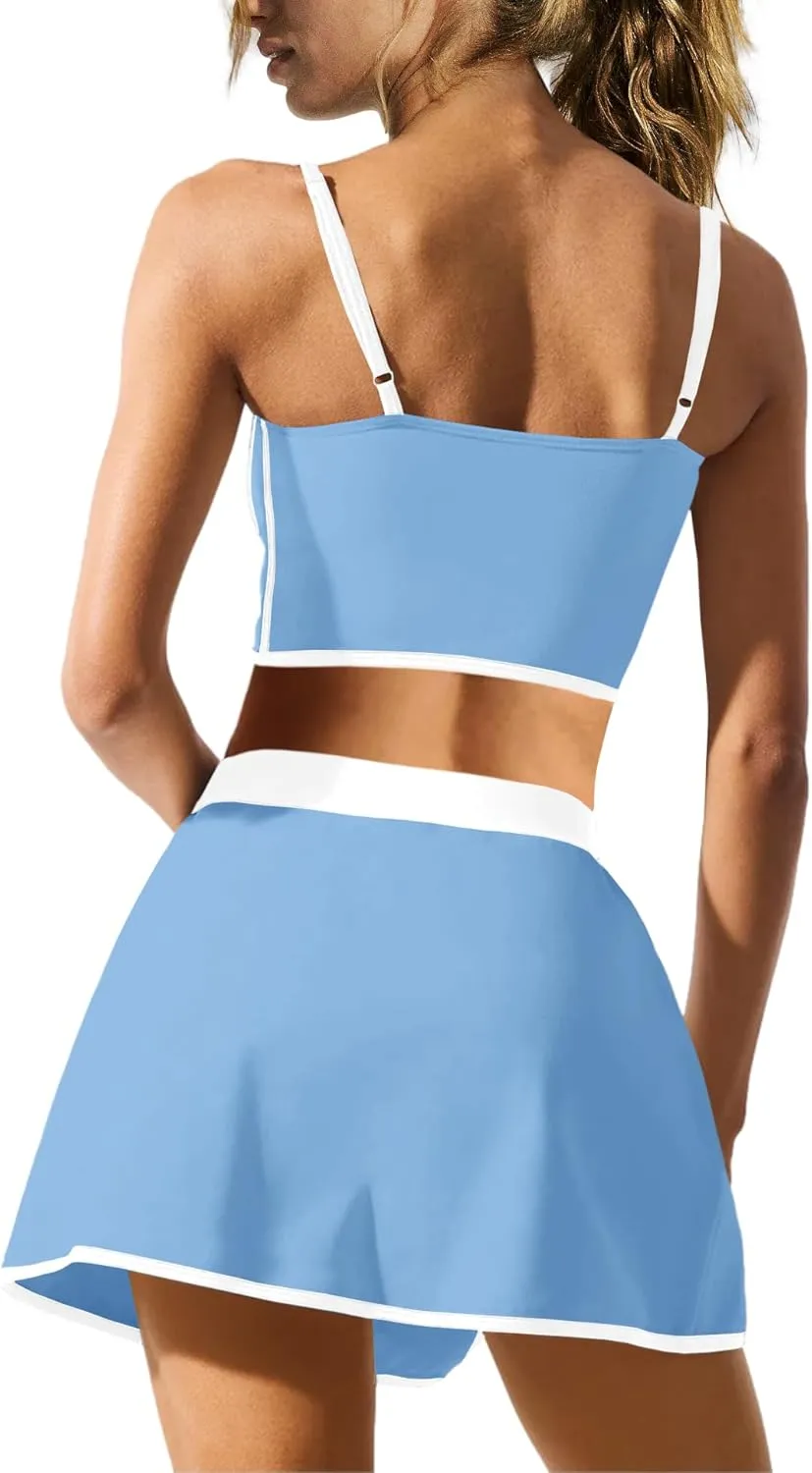 Nirovien Womens Workout Sets Tennis Skirt Sets with Built in Shorts 2 Piece Athletic Gym Clothes Tank Top and Skort