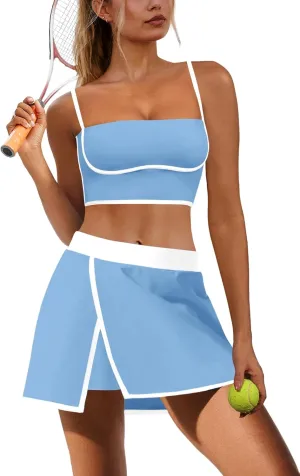 Nirovien Womens Workout Sets Tennis Skirt Sets with Built in Shorts 2 Piece Athletic Gym Clothes Tank Top and Skort