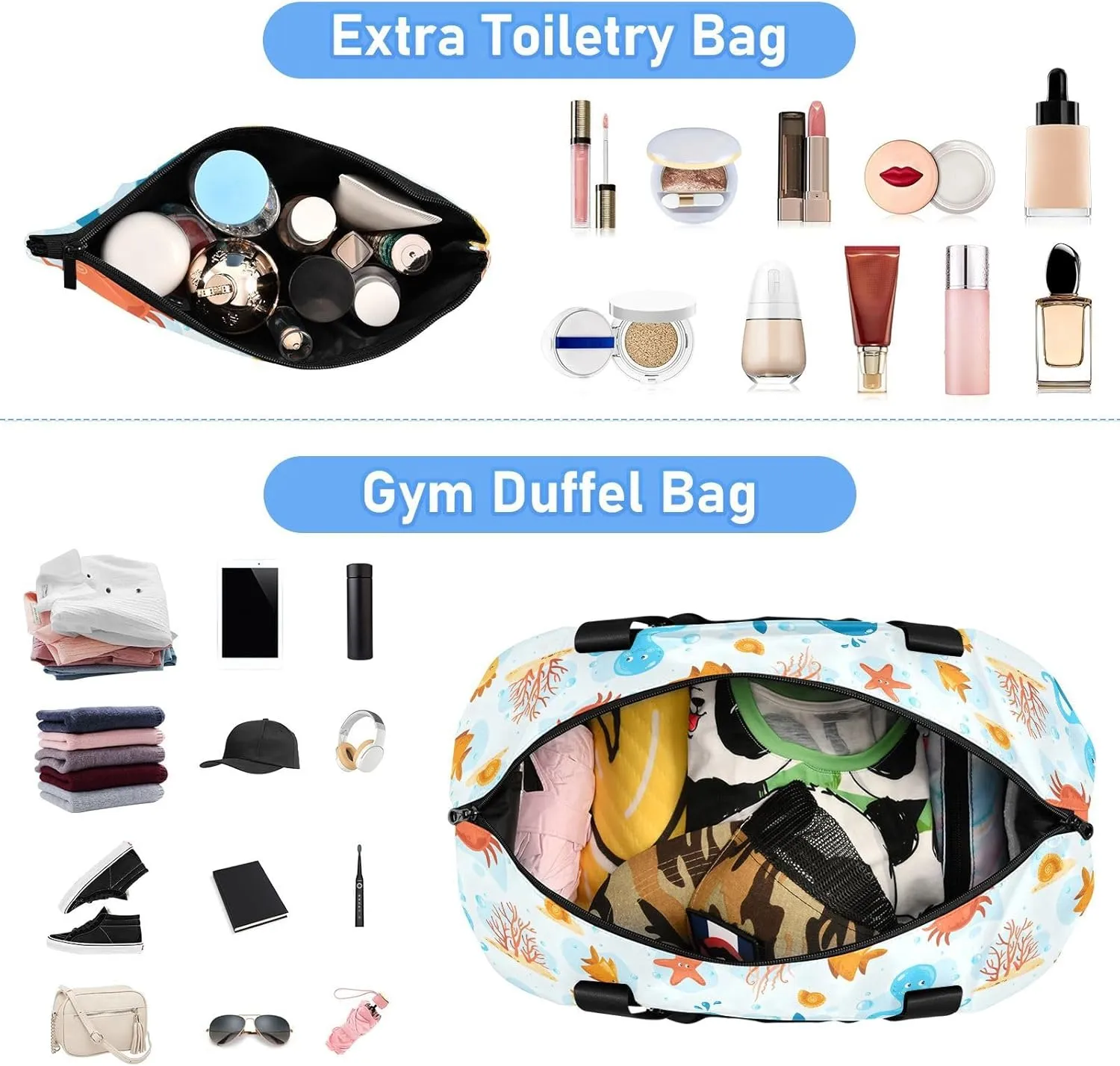 Ocean Life Jellyfish Packable Duffle Bag for Travel Expandable Climbing Gym Bag, Underseat Carry on Bag