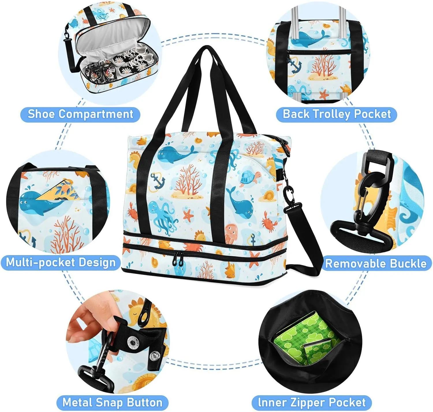 Ocean Life Jellyfish Packable Duffle Bag for Travel Expandable Climbing Gym Bag, Underseat Carry on Bag