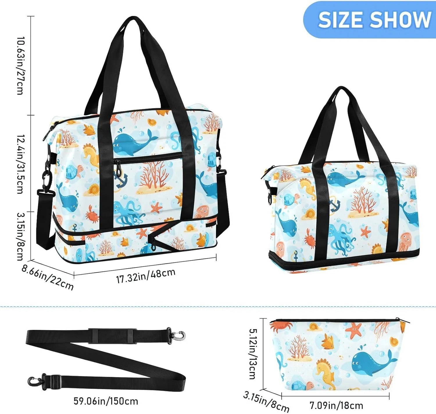 Ocean Life Jellyfish Packable Duffle Bag for Travel Expandable Climbing Gym Bag, Underseat Carry on Bag