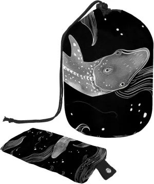 Ocean Whale Black Mermaid Travel Cosmetic Bags Makeup Bag for Women, Foldable Drawstring Travel Cosmetic Bags, Portable Toiletry Bucket Bag