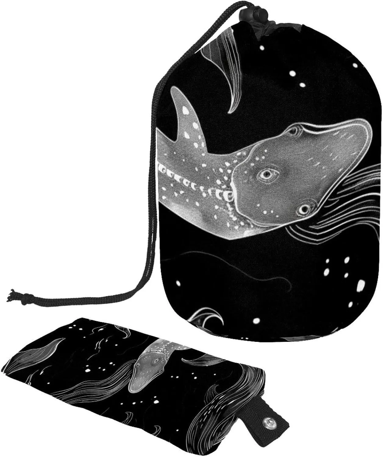 Ocean Whale Black Mermaid Travel Cosmetic Bags Makeup Bag for Women, Foldable Drawstring Travel Cosmetic Bags, Portable Toiletry Bucket Bag