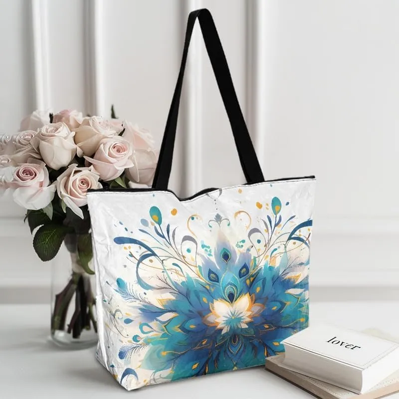 Oil Painting Border Collie Paper Tote Bag, Gothic Rose Butterfly Commute Bag, Ethnic Tribal Large Handbag for Women