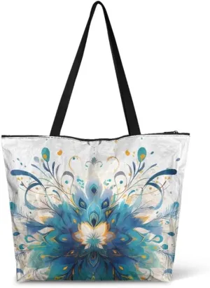 Oil Painting Border Collie Paper Tote Bag, Gothic Rose Butterfly Commute Bag, Ethnic Tribal Large Handbag for Women