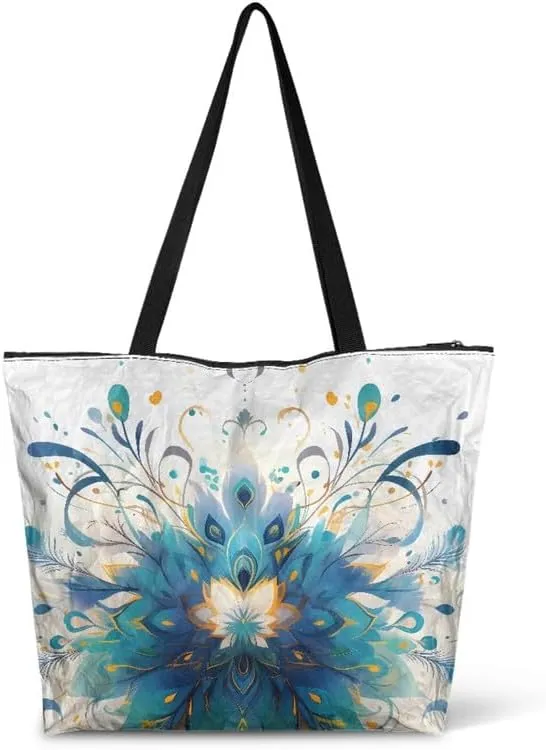 Oil Painting Border Collie Paper Tote Bag, Gothic Rose Butterfly Commute Bag, Ethnic Tribal Large Handbag for Women