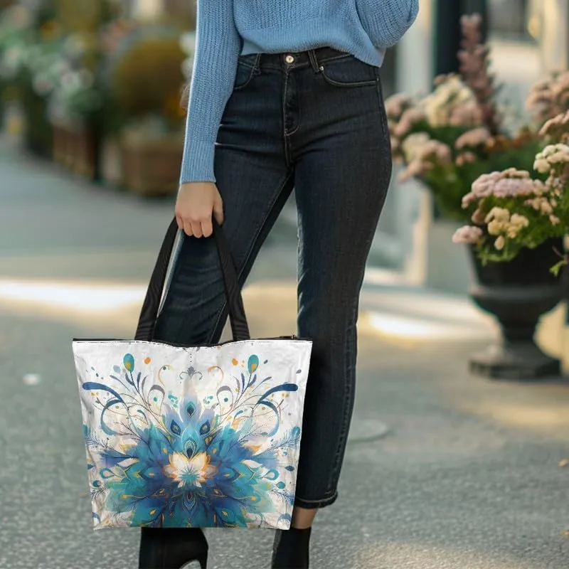 Oil Painting Border Collie Paper Tote Bag, Gothic Rose Butterfly Commute Bag, Ethnic Tribal Large Handbag for Women