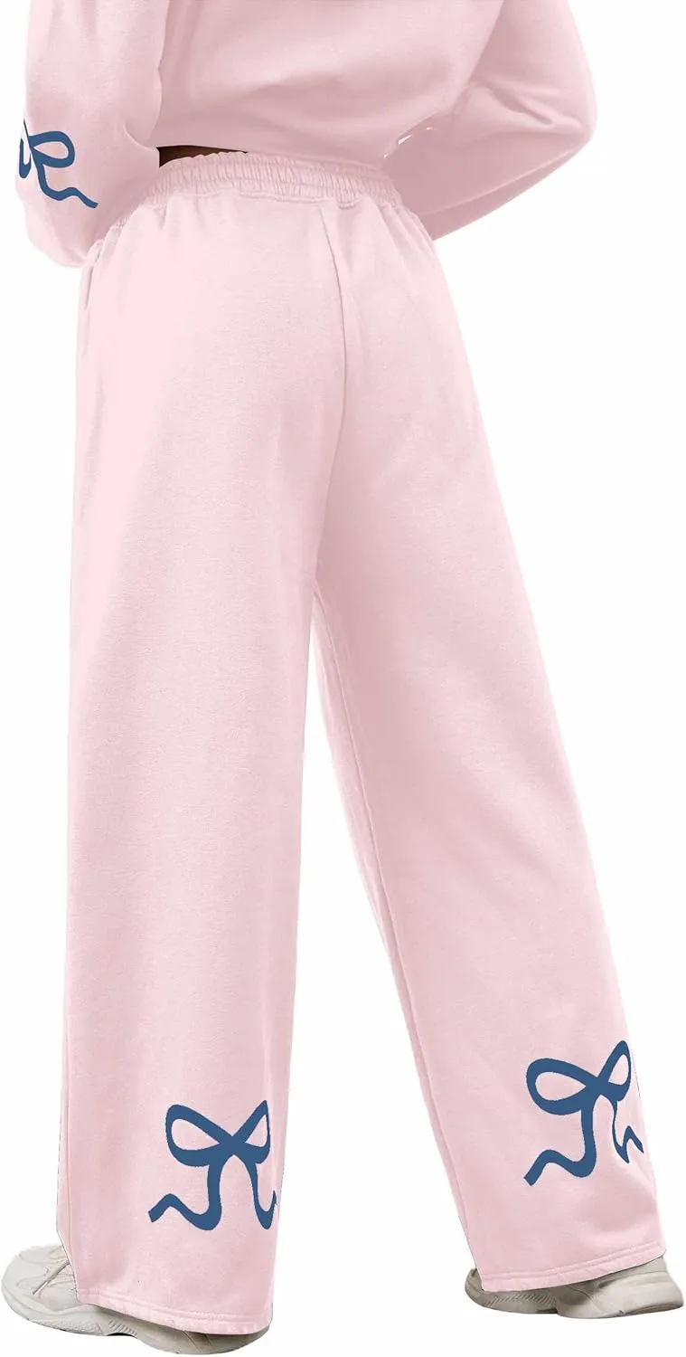 OLAPTA Women 2 Piece Outfits Bow Print Long Sleeve Hoodies Sets Graphic Sweatshirts Baggy Wide Leg Sweatpants Fall Sweatsuits