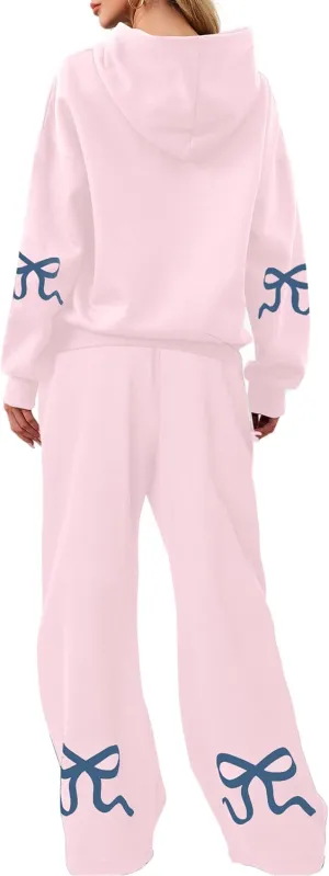 OLAPTA Women 2 Piece Outfits Bow Print Long Sleeve Hoodies Sets Graphic Sweatshirts Baggy Wide Leg Sweatpants Fall Sweatsuits