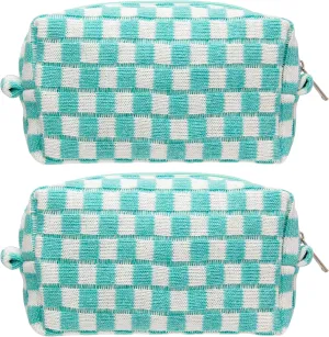 PAZIMIIK Checkered Makeup Bag for Purse Portable Zipper Make Up Pouch Small Cosmetic Case for Travel Accessories (2PCS Arctic Blue)
