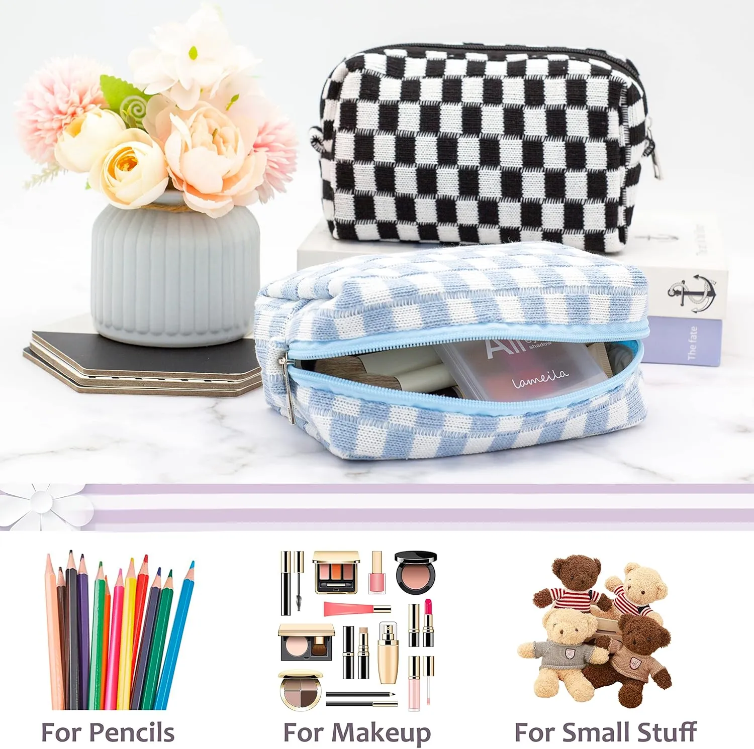 PAZIMIIK Checkered Makeup Bag for Purse Portable Zipper Make Up Pouch Small Cosmetic Case for Travel Accessories (2PCS Blue)