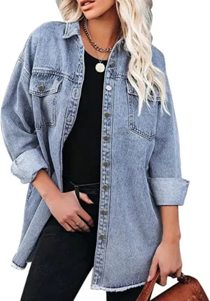 Perbai Womens Distressed Lightweight Button Down Mid Long Oversized Denim Shirt Jacket