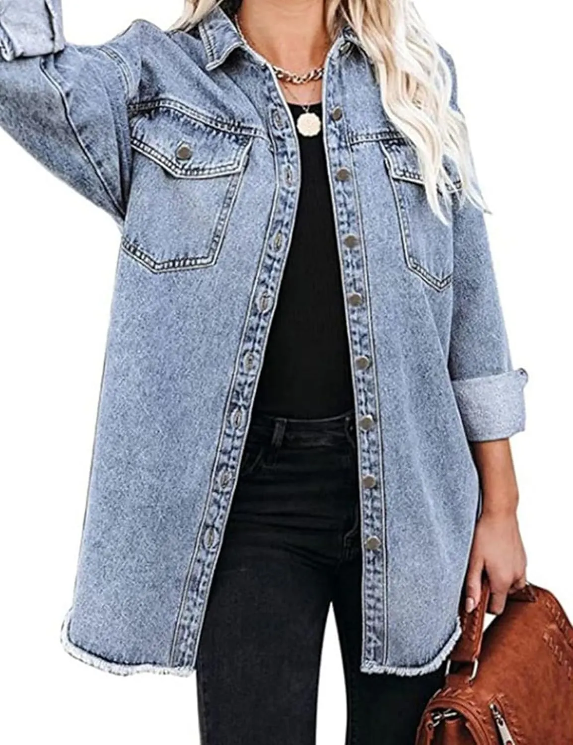 Perbai Womens Distressed Lightweight Button Down Mid Long Oversized Denim Shirt Jacket