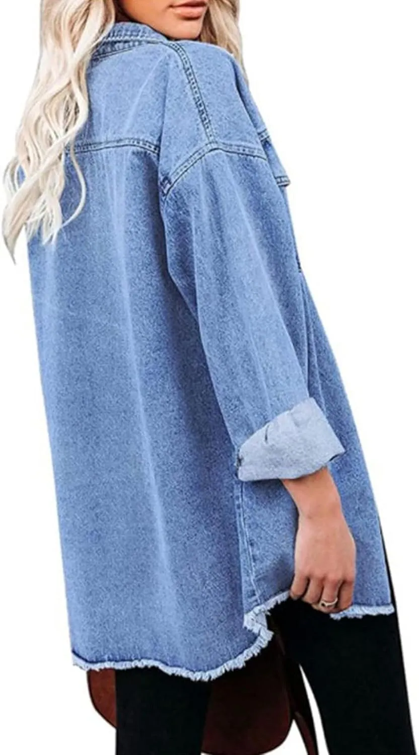 Perbai Womens Distressed Lightweight Button Down Mid Long Oversized Denim Shirt Jacket