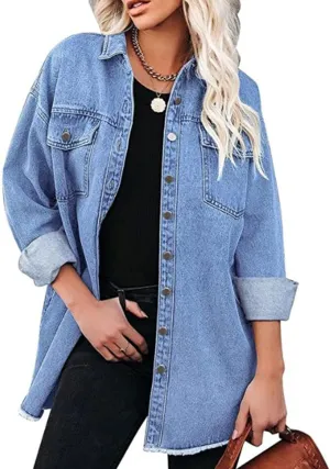 Perbai Womens Distressed Lightweight Button Down Mid Long Oversized Denim Shirt Jacket