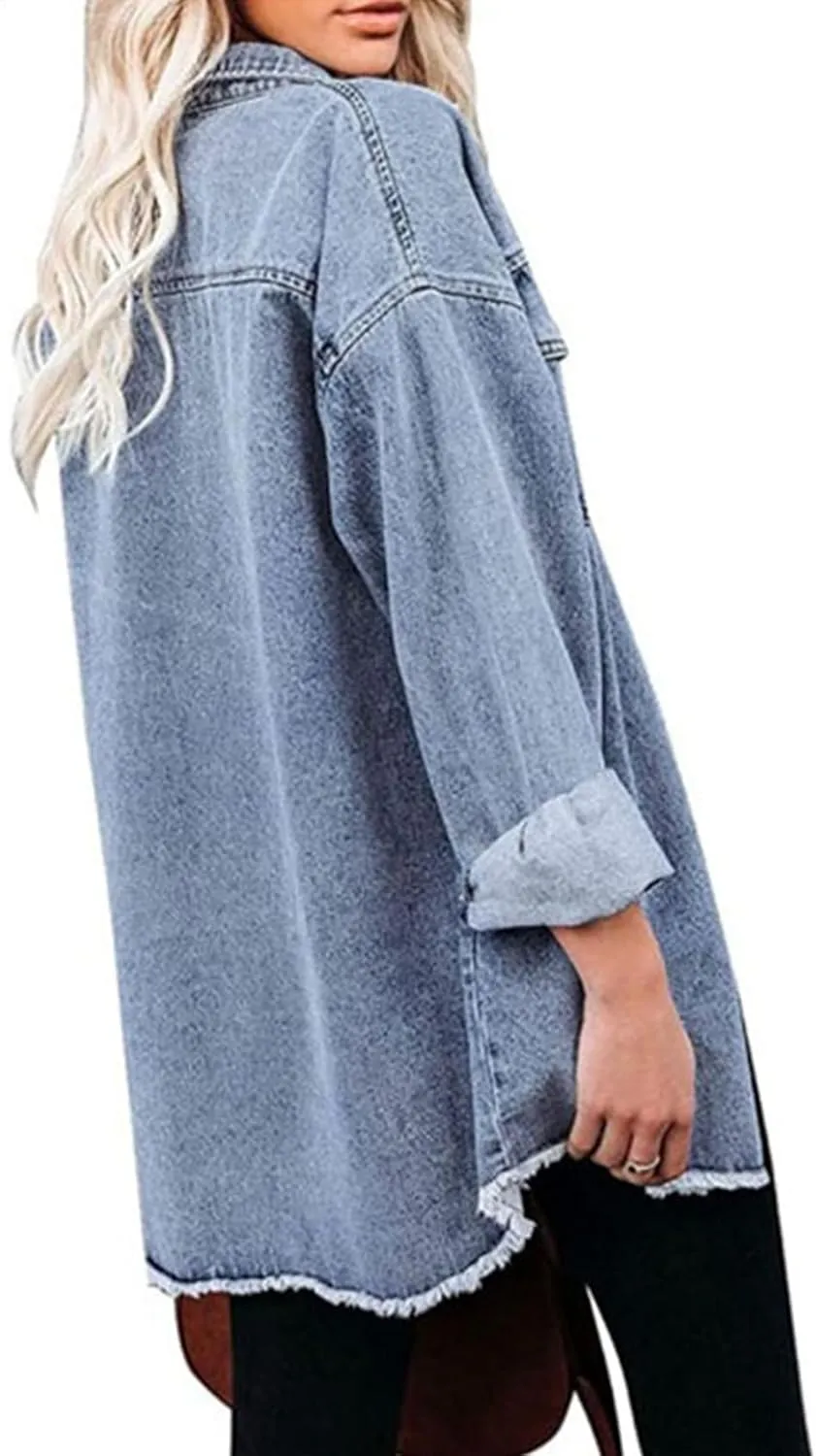 Perbai Womens Distressed Lightweight Button Down Mid Long Oversized Denim Shirt Jacket
