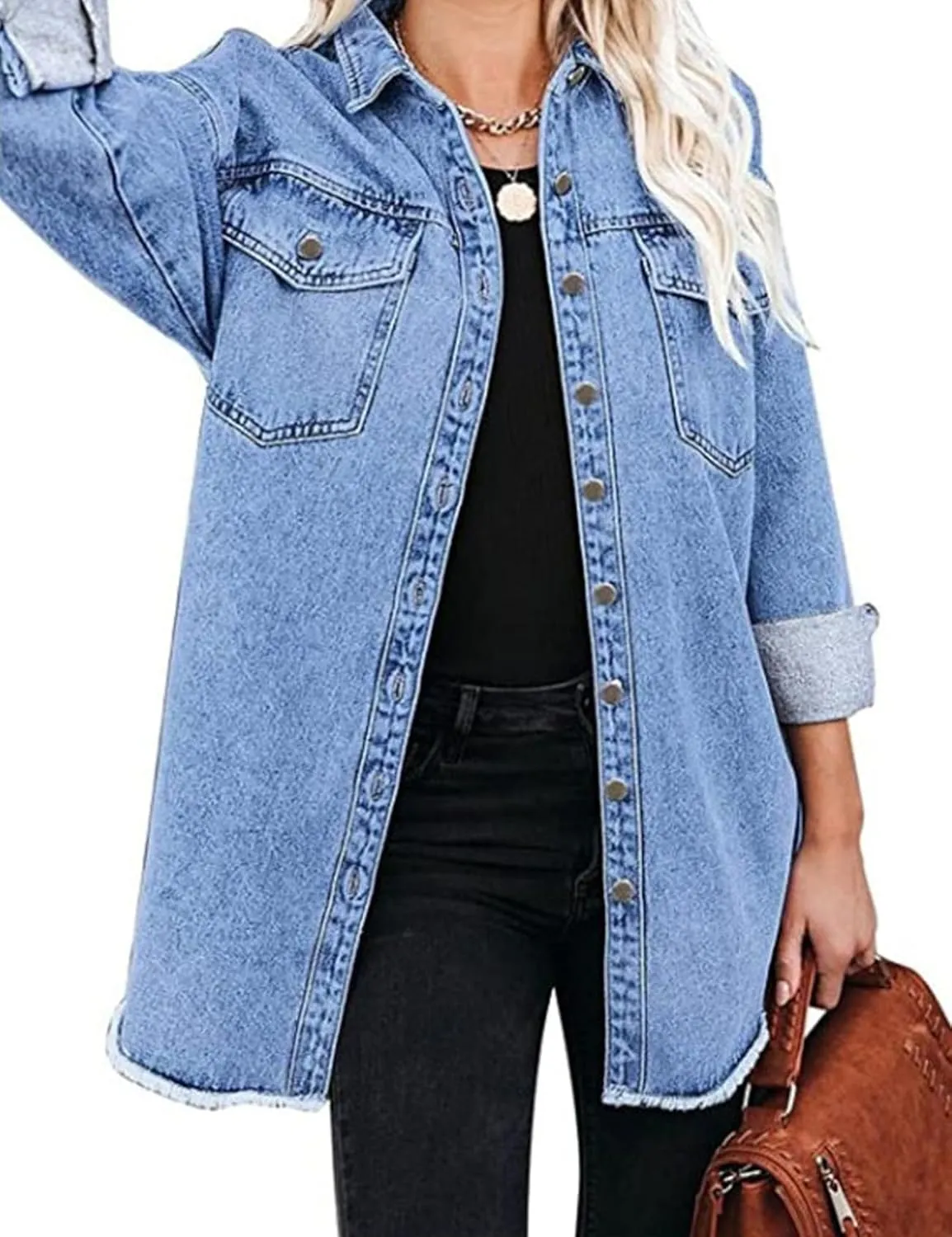 Perbai Womens Distressed Lightweight Button Down Mid Long Oversized Denim Shirt Jacket