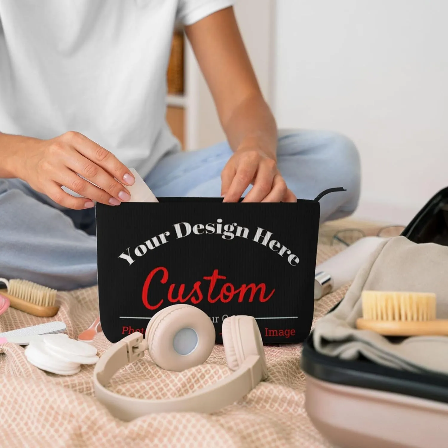 Personalized Custom Makeup Bag Add Your Own Photo Text Name Logo Image Cosmetic Bags Black Customized Gifts For Women