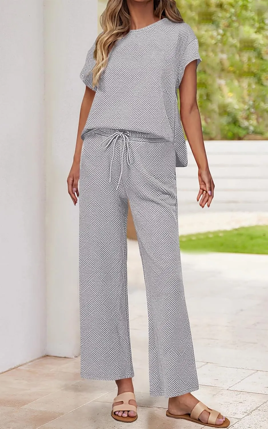 PRETTYGARDEN 2 Piece Outfits For Women Casual Tracksuit Short Sleeve Tops And Wide Leg Long Pants Matching Lounge Sets