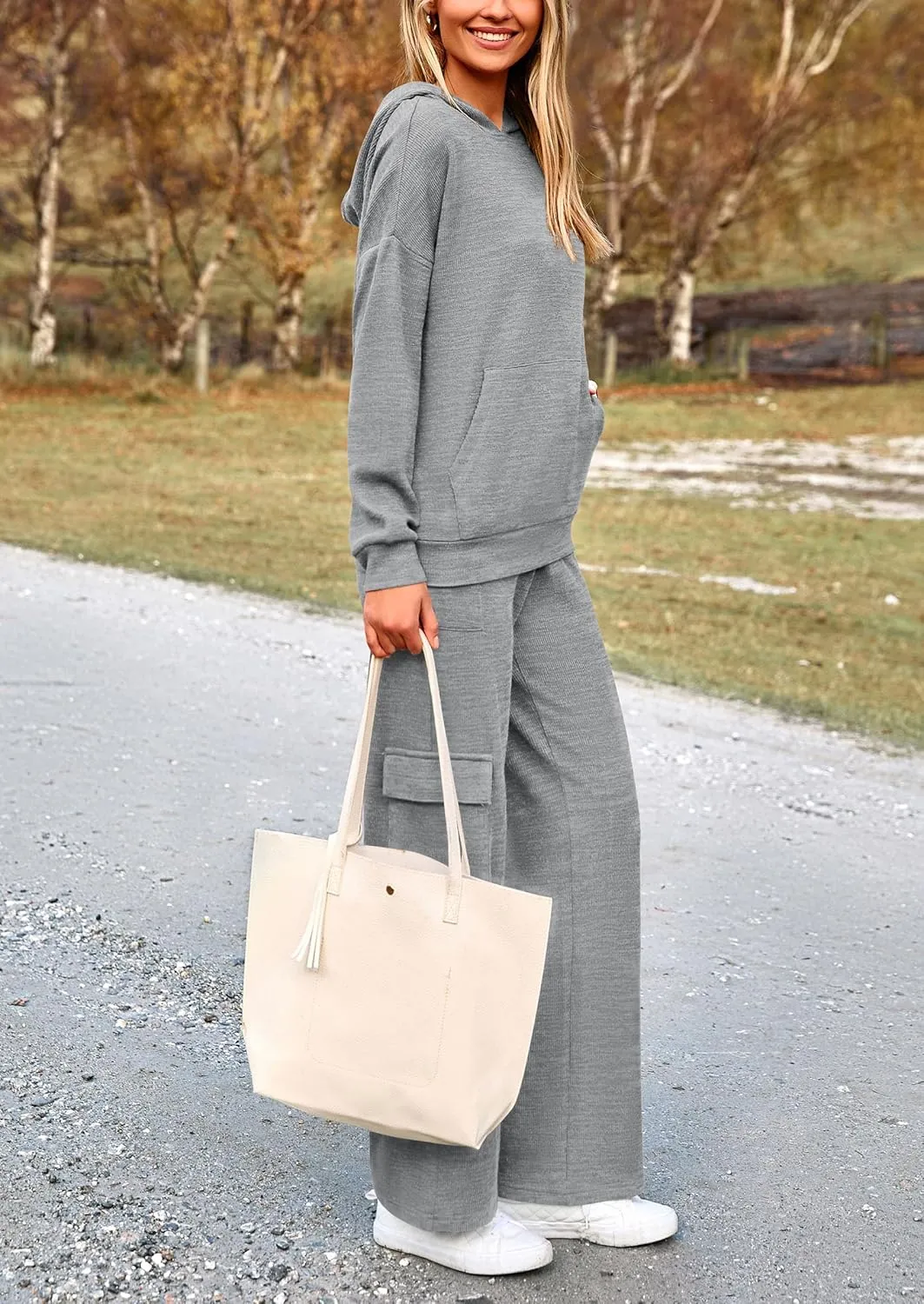 PRETTYGARDEN Women's 2 Piece Lounge Sets 2025 Fall Knitted Hoodie Pullover Tops Cargo Pants Matching Outfits Tracksuits