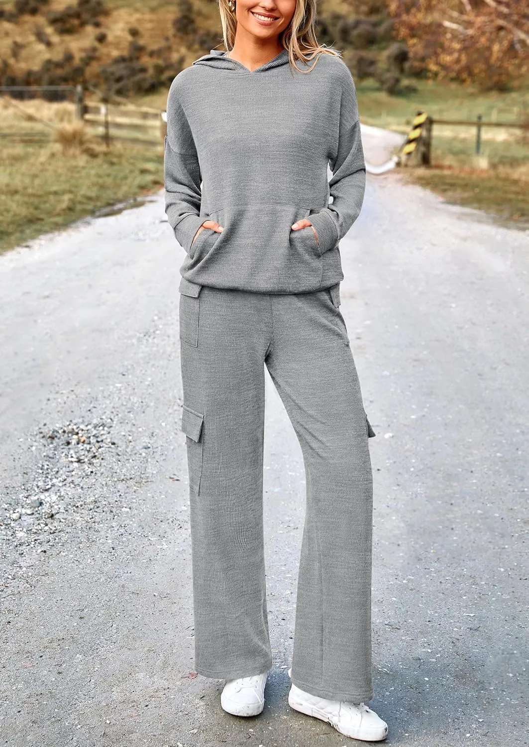 PRETTYGARDEN Women's 2 Piece Lounge Sets 2025 Fall Knitted Hoodie Pullover Tops Cargo Pants Matching Outfits Tracksuits