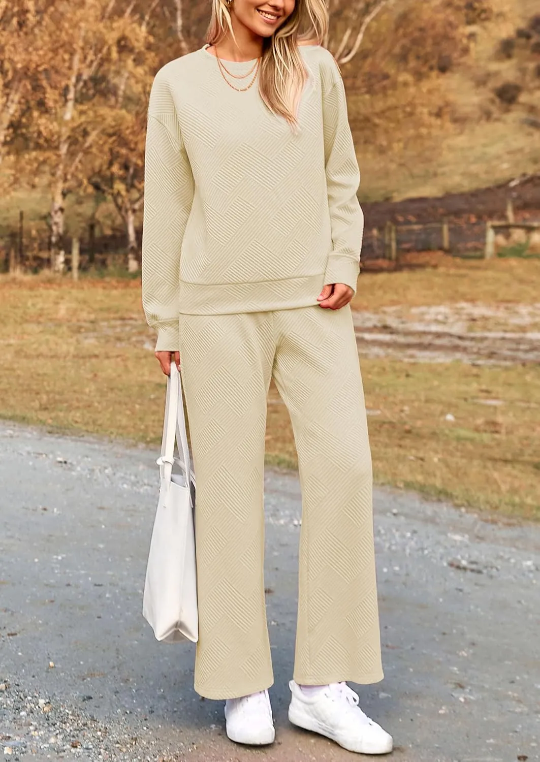 PRETTYGARDEN Women's 2 Piece Outfits Casual Long Sleeve Pullover Tops and Wide Leg Pants Knitted Lounge Sets