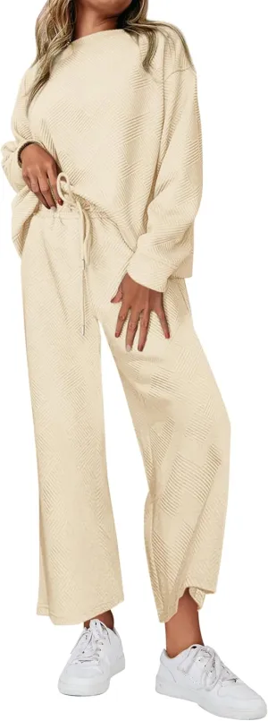 PRETTYGARDEN Women's 2 Piece Outfits Casual Long Sleeve Pullover Tops and Wide Leg Pants Knitted Lounge Sets