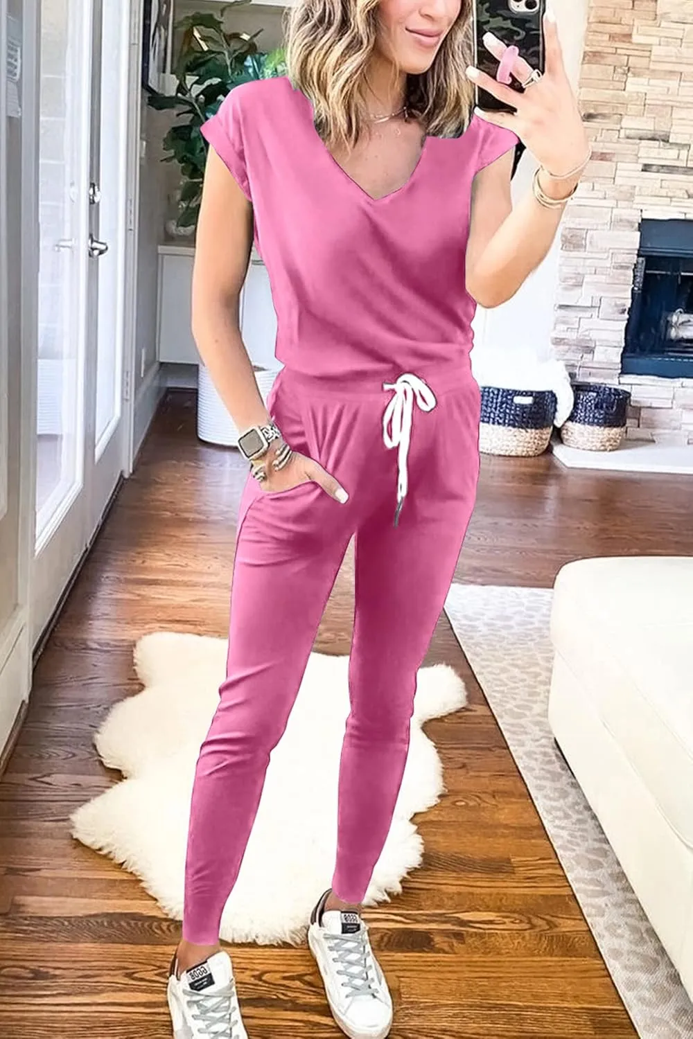 PRETTYGARDEN Women's Two Piece Tracksuit Casual Summer V Neck Short Sleeve Tops Drawstring Jogger Pants Lounge Outfit Sets