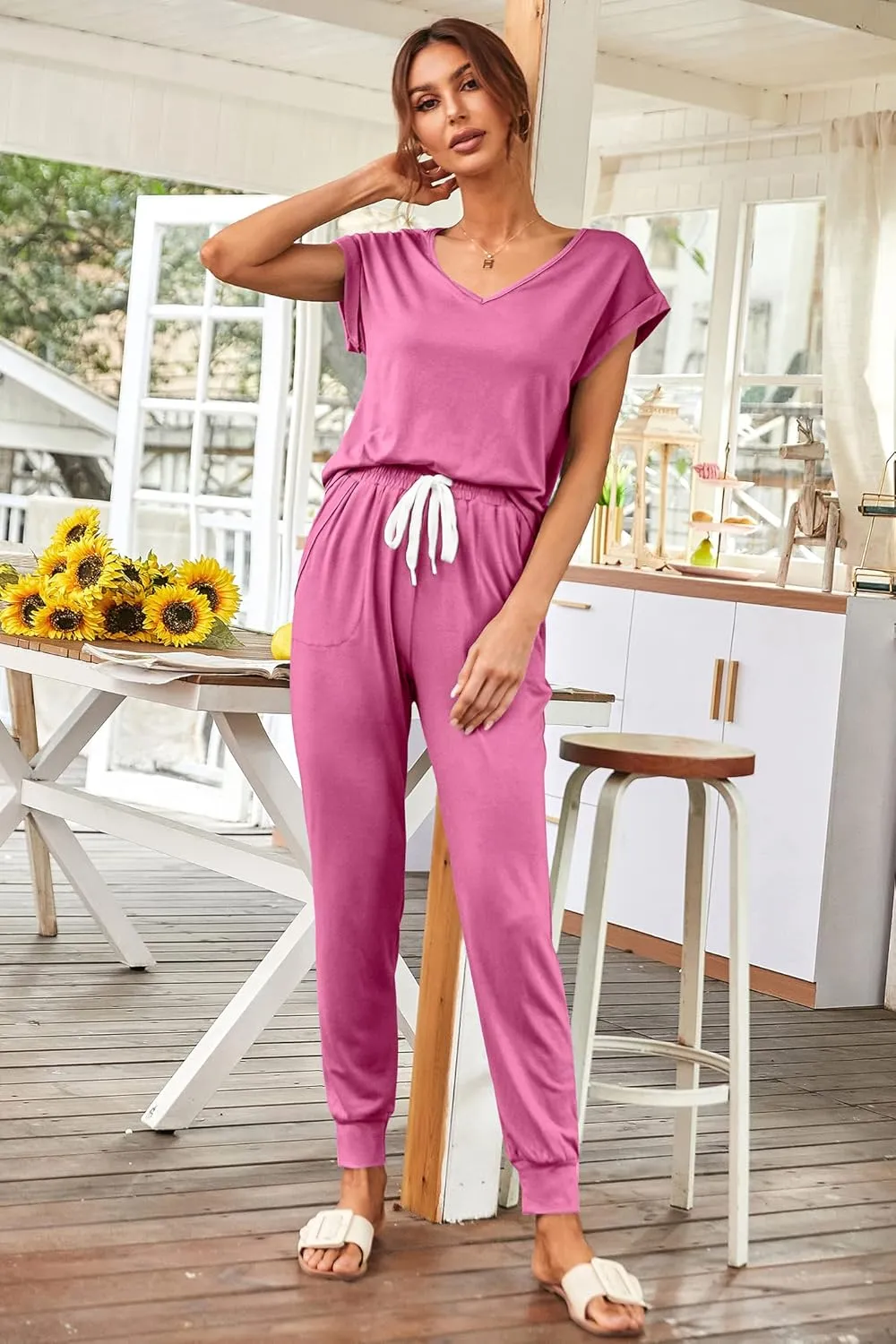 PRETTYGARDEN Women's Two Piece Tracksuit Casual Summer V Neck Short Sleeve Tops Drawstring Jogger Pants Lounge Outfit Sets