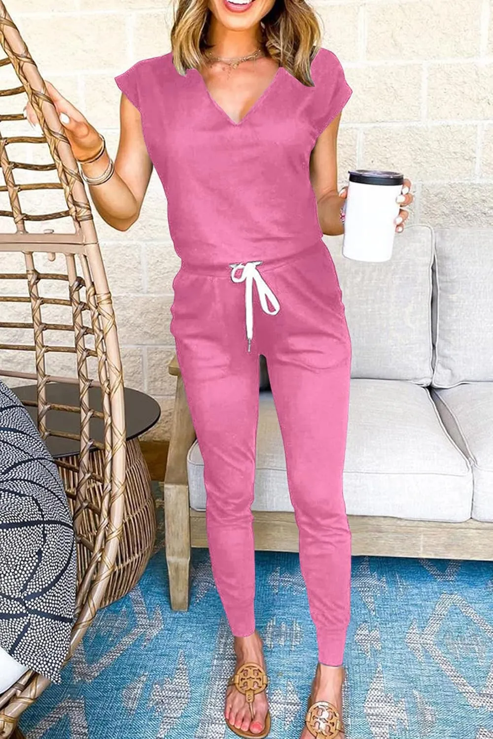 PRETTYGARDEN Women's Two Piece Tracksuit Casual Summer V Neck Short Sleeve Tops Drawstring Jogger Pants Lounge Outfit Sets