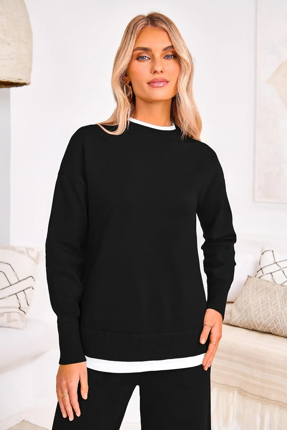 PRETTYGARDEN Women's Winter Two Piece Matching Sweater Lounge Sets Knit Long Sleeve Pullover Tops Wide Leg Pants Tracksuits