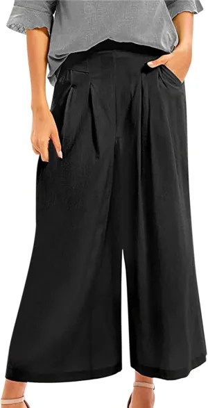 PTOLOCIF Cotton Linen Pants for Women Baggy Wide Leg Trousers Casual Patchwark Elastic Waist Harem Linen Pants with Pcokets