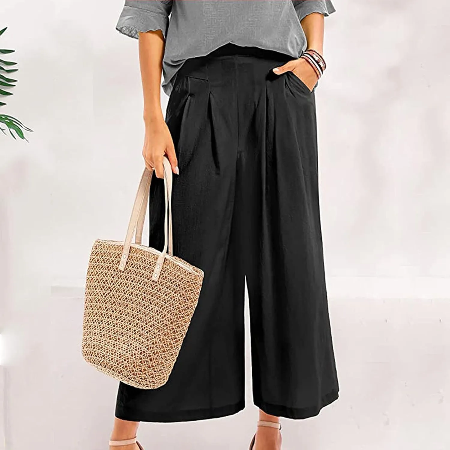 PTOLOCIF Cotton Linen Pants for Women Baggy Wide Leg Trousers Casual Patchwark Elastic Waist Harem Linen Pants with Pcokets