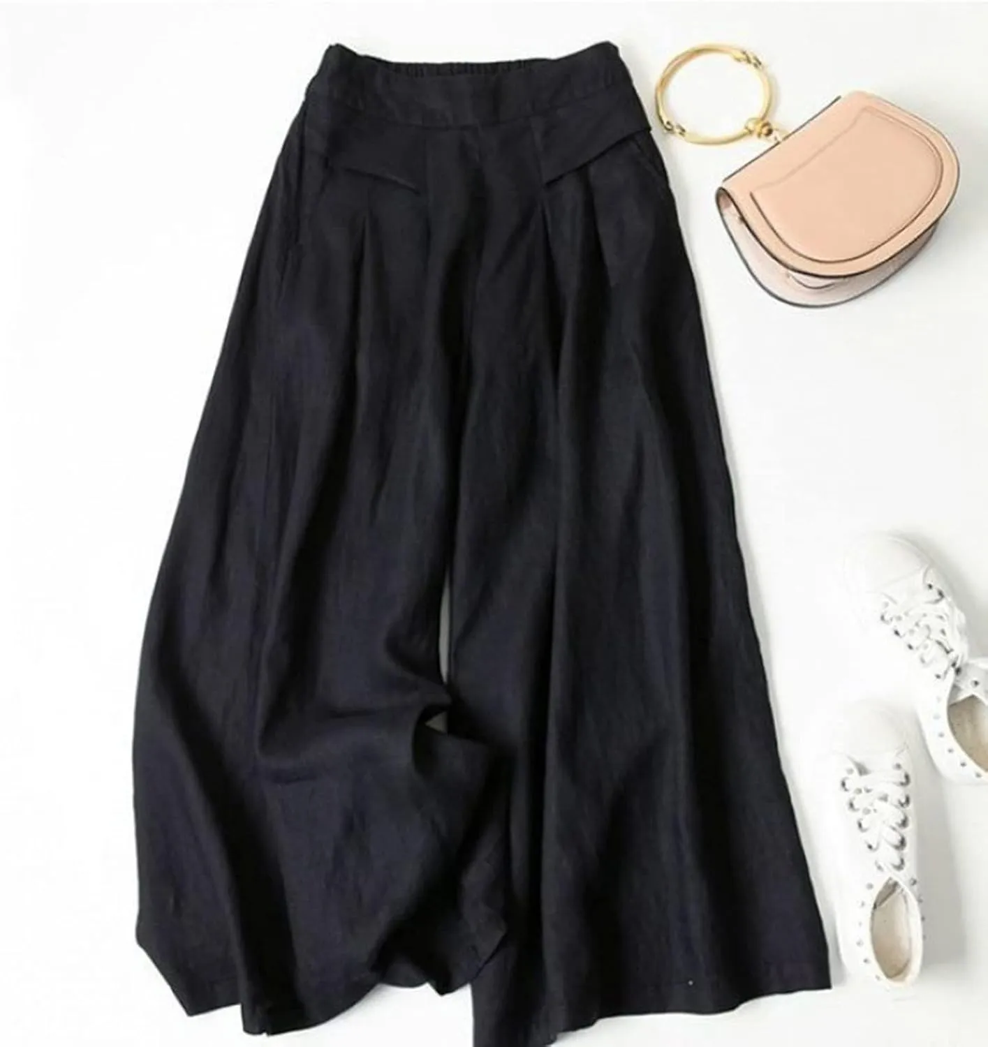 PTOLOCIF Cotton Linen Pants for Women Baggy Wide Leg Trousers Casual Patchwark Elastic Waist Harem Linen Pants with Pcokets