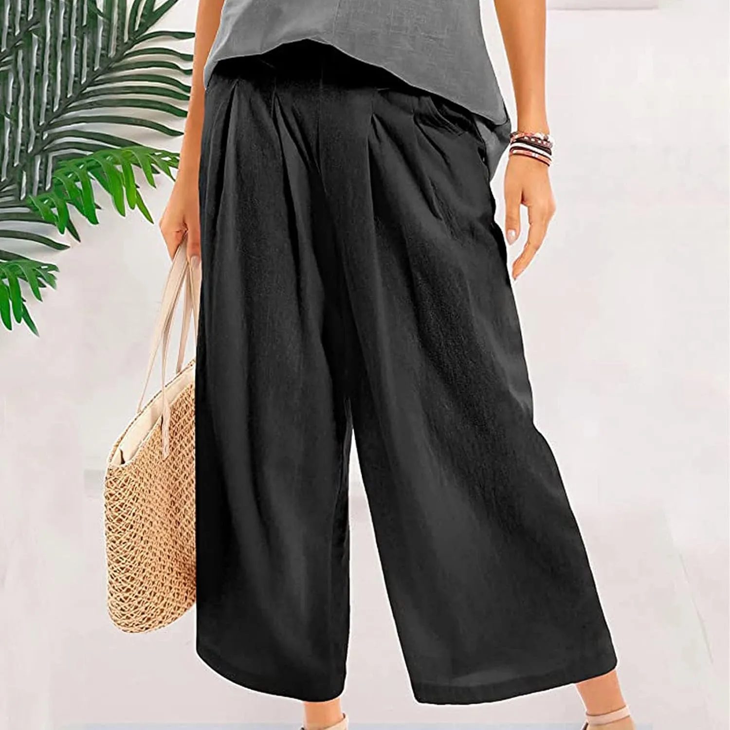 PTOLOCIF Cotton Linen Pants for Women Baggy Wide Leg Trousers Casual Patchwark Elastic Waist Harem Linen Pants with Pcokets