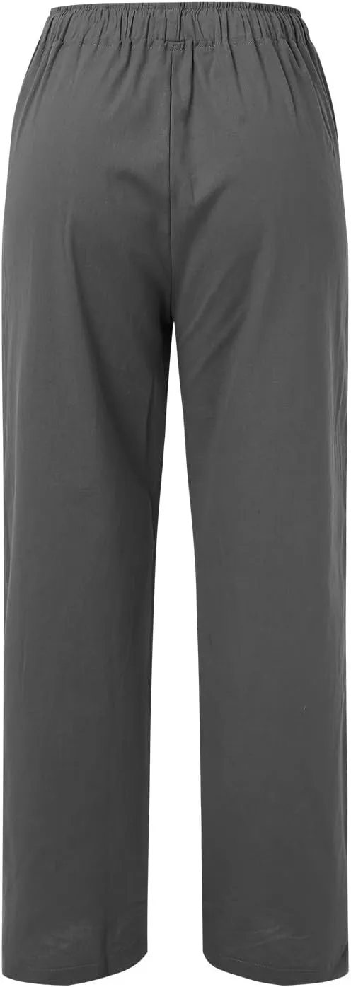 PTOLOCIF Cotton Linen Pants for Women Casual High Waist Loose Fit Drawstring Trousers with Pockets Summer Fashion Linen Pants