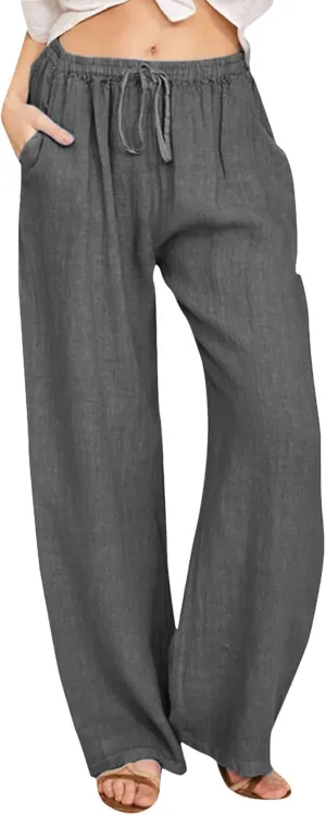PTOLOCIF Cotton Linen Pants for Women Casual High Waist Loose Fit Drawstring Trousers with Pockets Summer Fashion Linen Pants