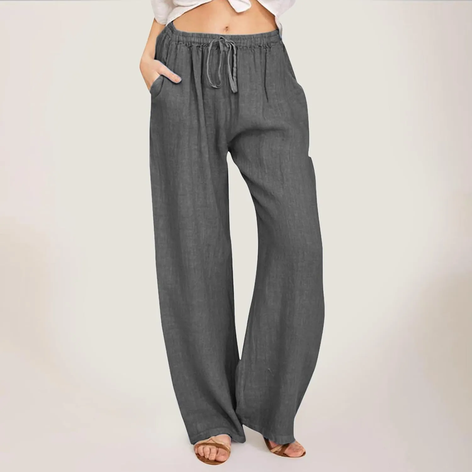 PTOLOCIF Cotton Linen Pants for Women Casual High Waist Loose Fit Drawstring Trousers with Pockets Summer Fashion Linen Pants