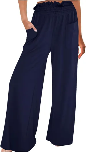 PTOLOCIF Cotton Linen Pants for Women Wide Leg Pants Casual Loose Drawstring Pant Summer Palazzo Harem Trousers with Pockets