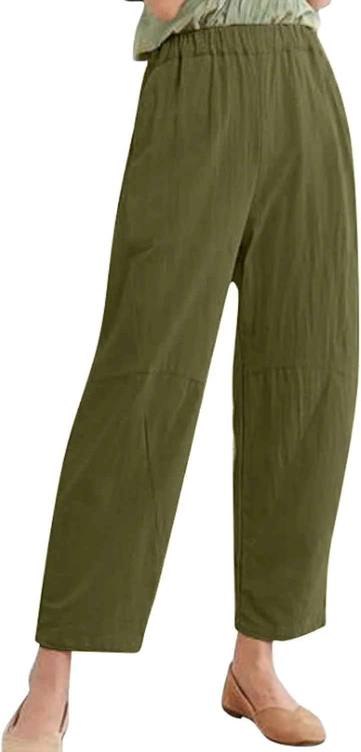 PTOLOCIF Cotton Linen Pants Women Baggy Wide Leg Trousers Casual Patchwark Elastic Waist Harem Linen Pants with Pcokets