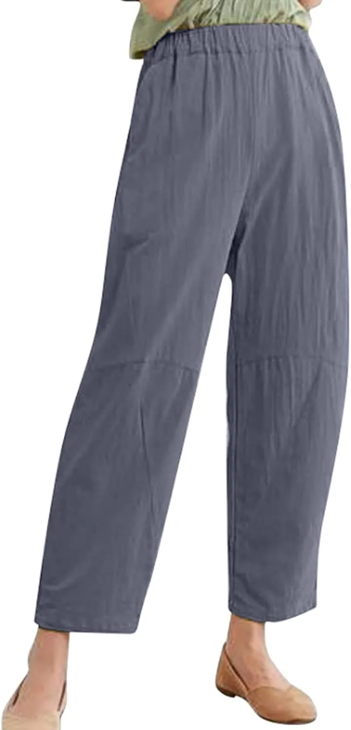PTOLOCIF Cotton Linen Pants Women Baggy Wide Leg Trousers Casual Patchwark Elastic Waist Harem Linen Pants with Pcokets