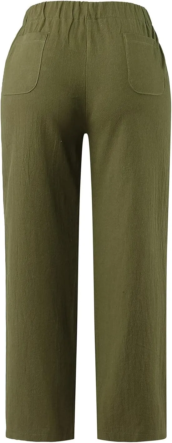 PTOLOCIF Cotton Linen Pants Women Baggy Wide Leg Trousers Casual Patchwark Elastic Waist Harem Linen Pants with Pcokets