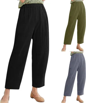 PTOLOCIF Cotton Linen Pants Women Baggy Wide Leg Trousers Casual Patchwark Elastic Waist Harem Linen Pants with Pcokets
