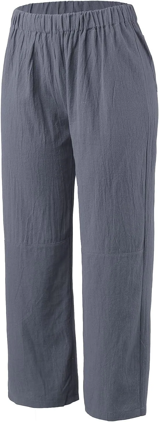 PTOLOCIF Cotton Linen Pants Women Baggy Wide Leg Trousers Casual Patchwark Elastic Waist Harem Linen Pants with Pcokets