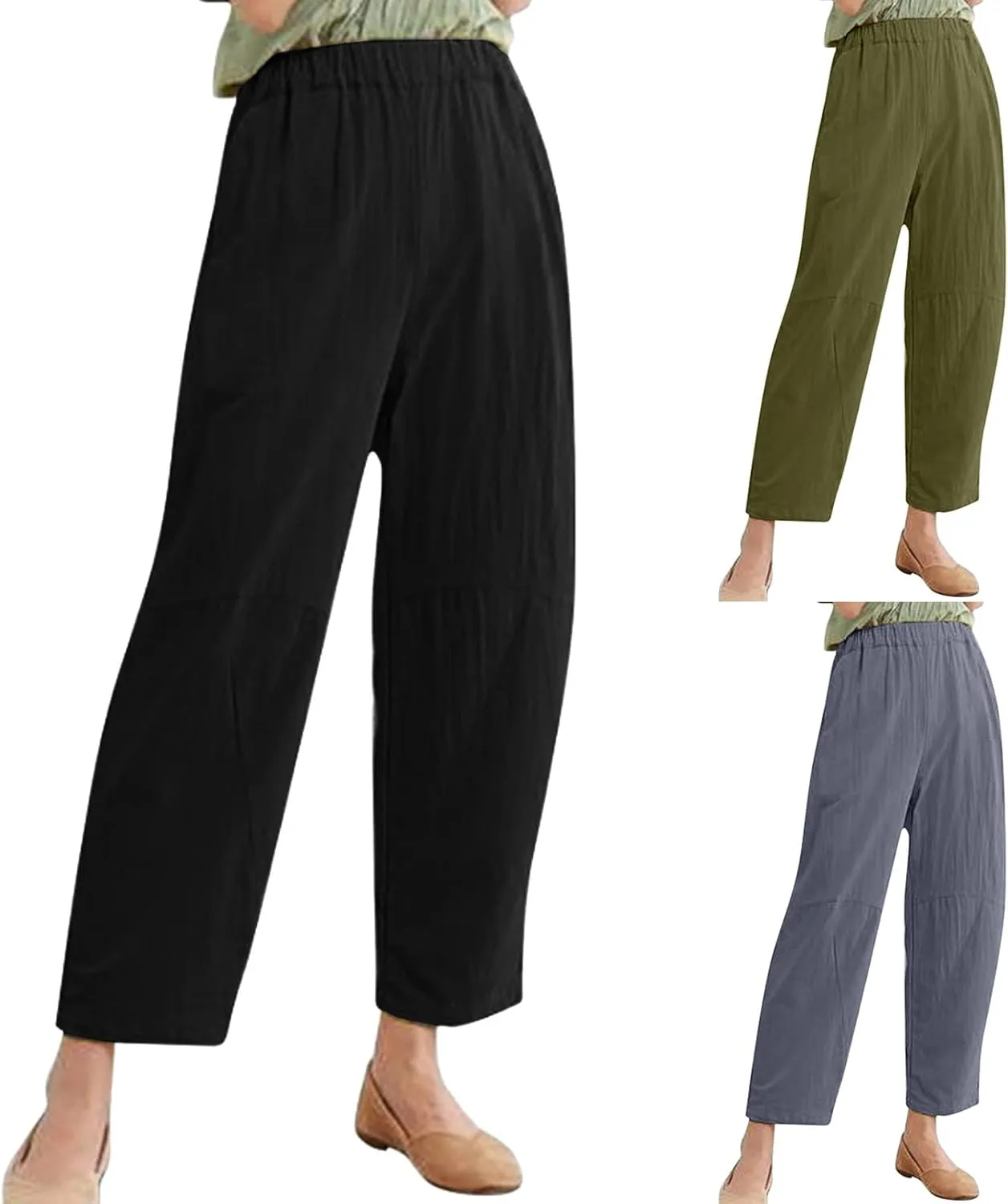 PTOLOCIF Cotton Linen Pants Women Baggy Wide Leg Trousers Casual Patchwark Elastic Waist Harem Linen Pants with Pcokets