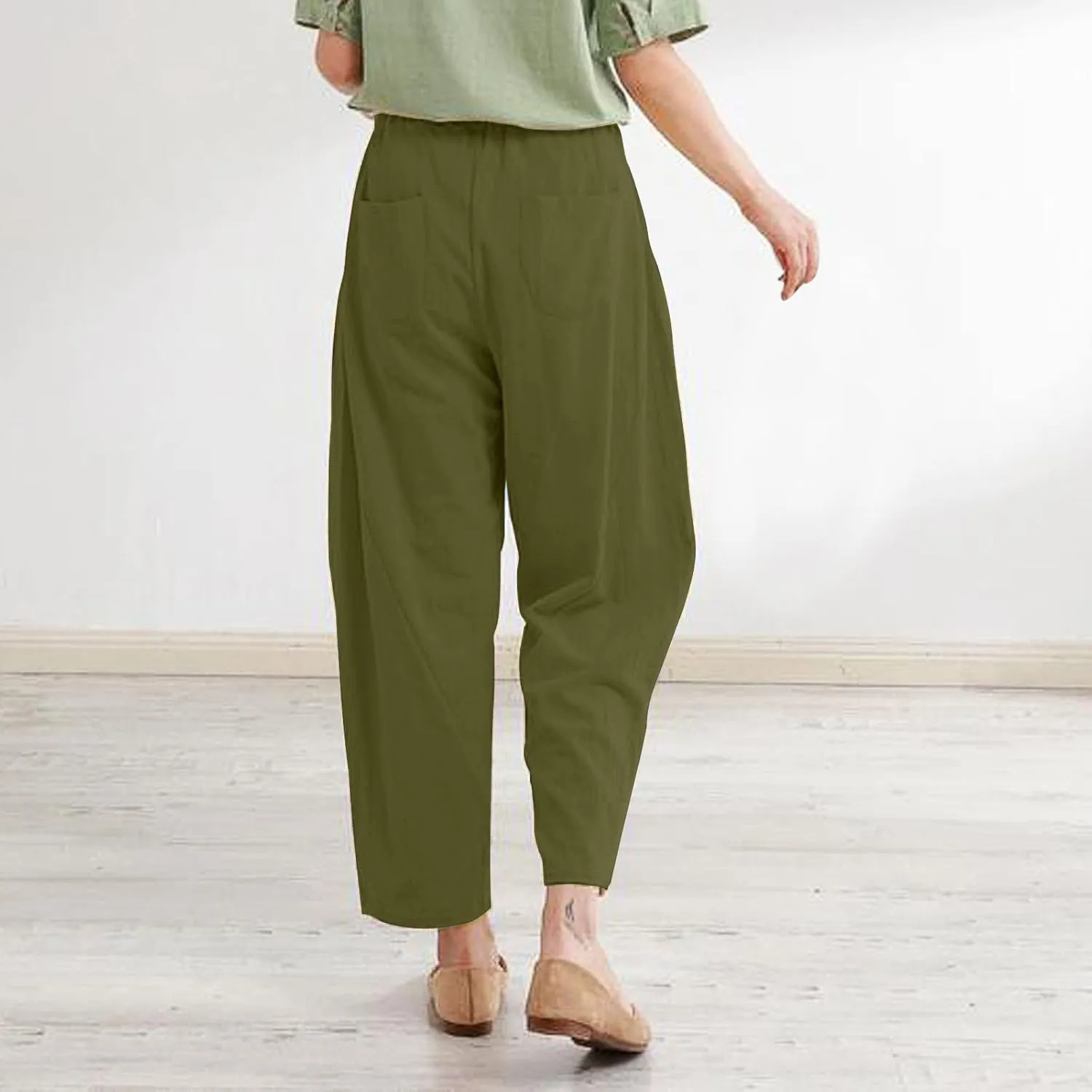 PTOLOCIF Cotton Linen Pants Women Baggy Wide Leg Trousers Casual Patchwark Elastic Waist Harem Linen Pants with Pcokets