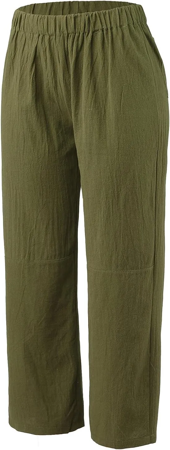 PTOLOCIF Cotton Linen Pants Women Baggy Wide Leg Trousers Casual Patchwark Elastic Waist Harem Linen Pants with Pcokets